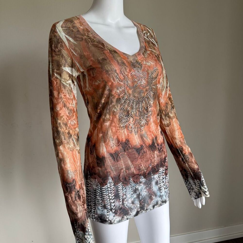 VTG Y2K Sheer Mesh Top Long Sleeve Rhinestone Embellished Boho Fairy Grunge
